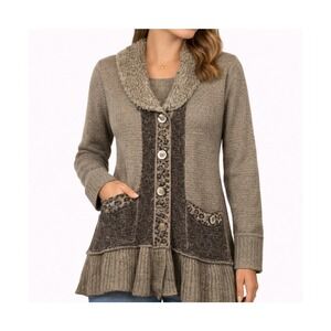 Nicole Alexander Brown Marl Long Cardigan Leopard Trim Wool Blend Sweater Size M